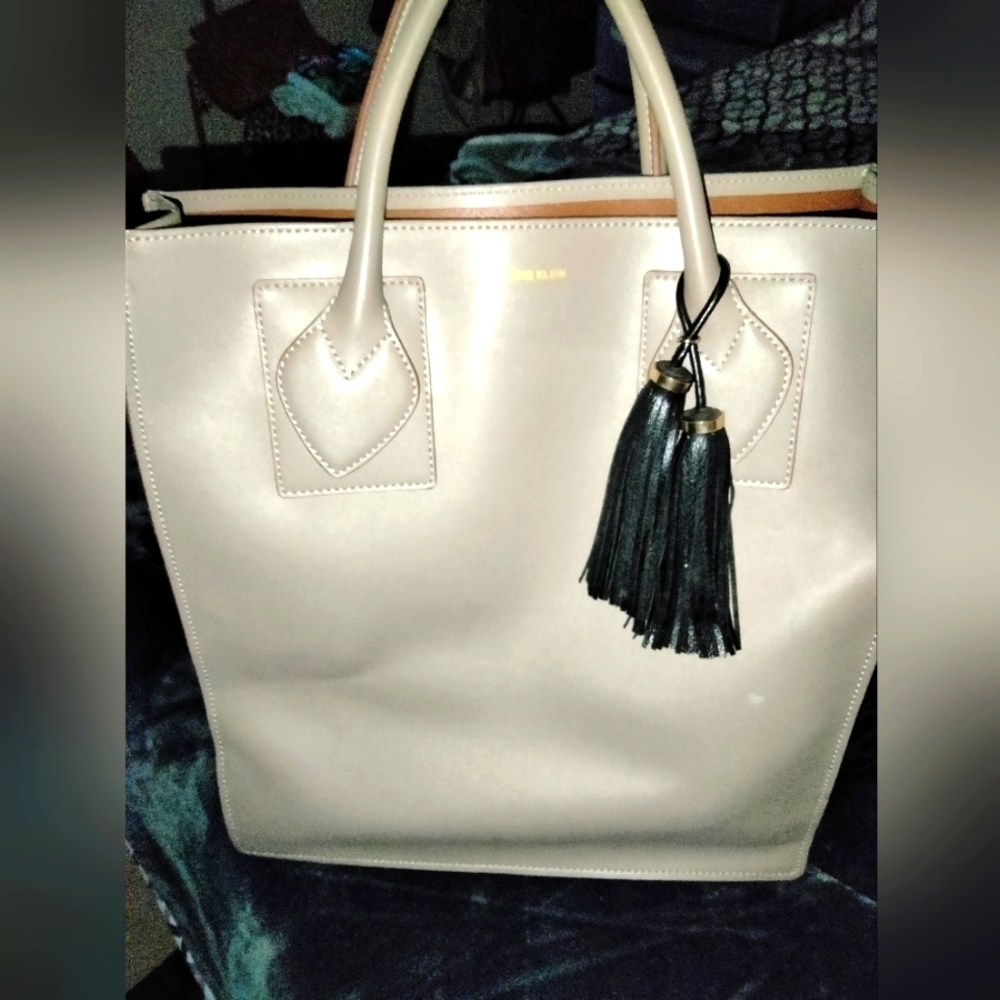 Anne Klein (Size Large) Gray Black Tassel Double Shoulder Strap & Hand Tote Bag